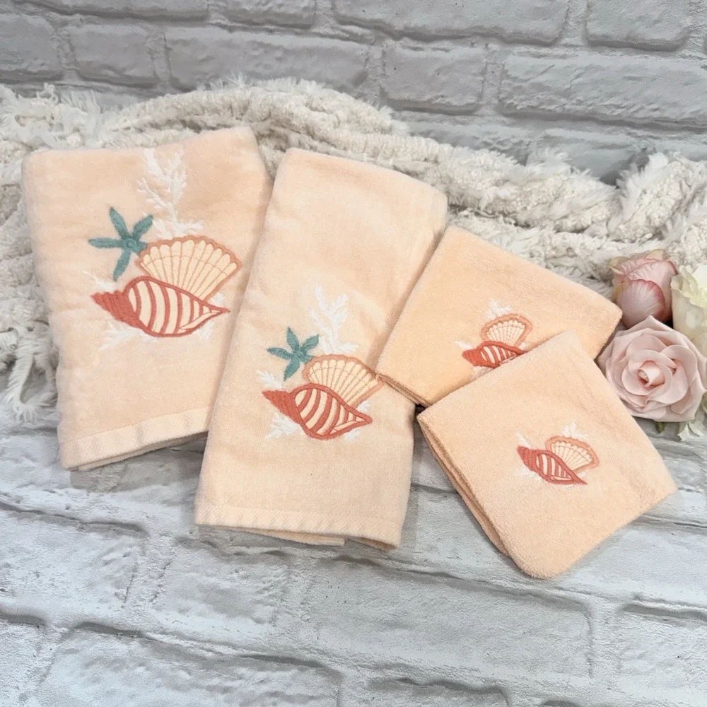 Vtg RA Briggs Seashell Embroidered Peach Bath Towel 4pc Set Beach House Seashore